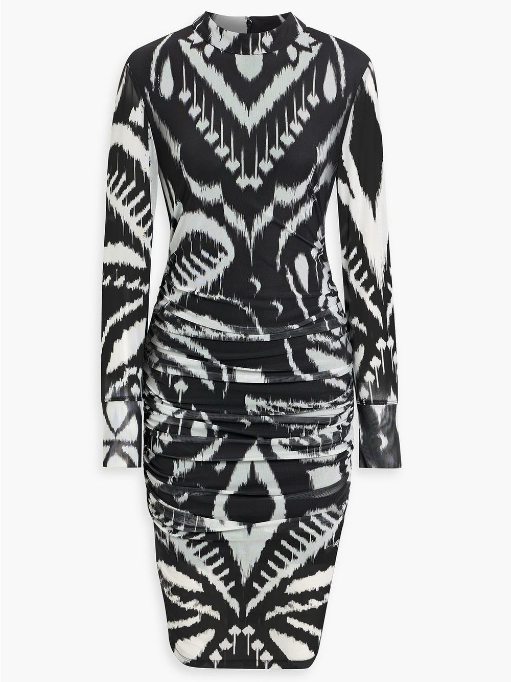 FARM Rio Black & White ruched printed stretch-tulle midi dress